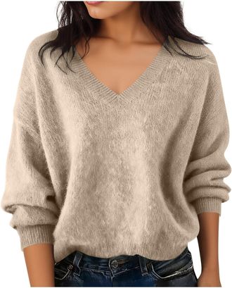 Generic V Neck Jumpers for Women Soft Knit Cashmere Jumper Ladies Long Sleeve Tops Baggy Casual Pullover Sweaters Warm Knitwear Wool Knitted Fleece Top Autumn