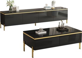 STILVORA Conjunto Mueble De Tv Y Mesa De Centro Con 1 Mueble De Tv Y 1 Mesa De Centro, Gran Almacenaje, Estilo Lujo Discreto, Tablero De Part&iacute;culas, Negro