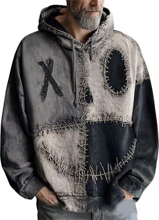 Generic Halloween Hoodies for Men Spooky Pumpkin Face Patchwork Hooded Sweater Cozy Stitched Pullover Top Holiday Sweatshirt Costumes, Grey, 4XL