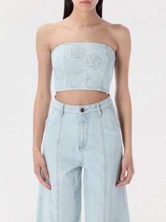 Rotate Top a fascia Rotate in denim di cotone con fiori di strass