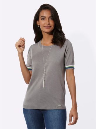 Casual Looks Kurzarmpullover CASUAL LOOKS Rundhals-Pullover, Damen, Gr. 36, grau (steingrau, wei&szlig;, geringelt), 100% Polyacryl, unifarben, Pullover Kurzarmpullover