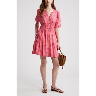 Treasure & Bond Print Puff Sleeve Minidress in Pink Lace Bloom at Nordstrom, Size Xx-Large