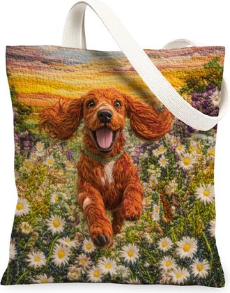 Generic Spring Beagle Dog Canvas Tote Bag for Shopping 13x15, Knitting Style Garden Puppy Reusable Grocery Print Bag for Women, Fun Pet Beach Aesthetic Painti
