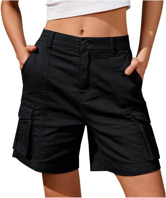 Generic Shorts for Women Cargo Shorts Knee Length 6 Pockets Elastic Waist Long Shorts for Summer Casual Fitness Shorts Men 2 in 1, black, XXL