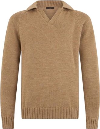 Zanone V Polo - Heren - V-hals truien - Beige - L - Wol - Truien & Vesten