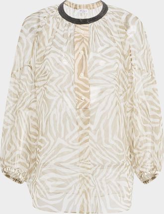 Brunello Cucinelli Monili-Collar Animalier-Print Organza Button-Front Top