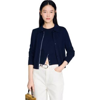 Sandro Striped wool and cashmere cardigan in Navy Blue at Nordstrom, Size X-Large