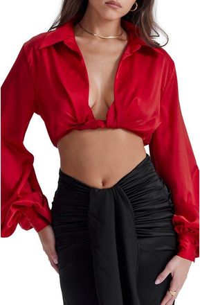 House of CB Laraine Plunge Neck Stretch Silk Crop Blouse in Red Rose at Nordstrom, Size X-Small