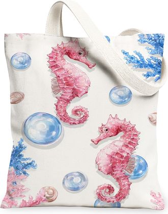 Generic Peach Seahorses Canvas Tote Bags, Marine Pattern Reusable Grocery Bags, Summer Lightweight Washable Shoulder Strap Canvas F, Peach, 13x15 Inch