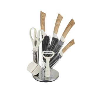 KASANOVA Ceppo con 4 coltelli, pelaverdure, forbici e affilacoltelli effetto legno