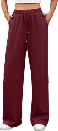 Generic Womens High Waist Elastic Drawstring Wide Leg Pants - Solid Color Loose Trousers with Pockets for Casual Daily, Lounge & Street Outfits (Burgundy, S)