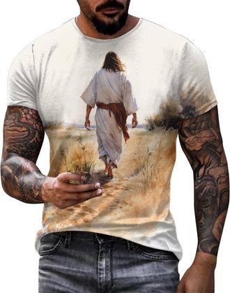 Generic Mens Novelty 3D Graphic Jesus T-Shirt Round Neck Short Sleeve Personalized 3D Printed T-Shirt Comfortable Athletic Fit Moisture Wicking Sports Style T