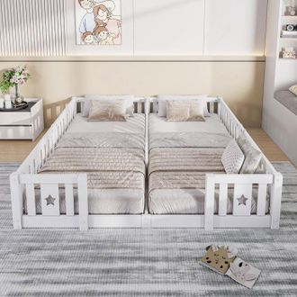 OEM Cama Infantil 90x200 Cm Con Somieres De Lamas, Cama Doble 180x200, Estructura De Cama De Madera, Cama Para Ni&ntilde;a Con Barrera De Seguridad, Blanco