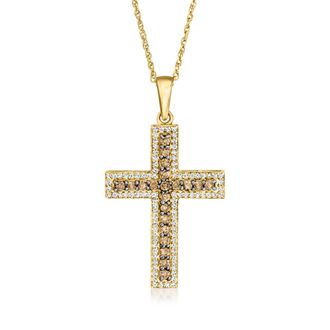 Ross-Simons Brown and White Diamond Cross Pendant Necklace in 18kt Gold Over Sterling