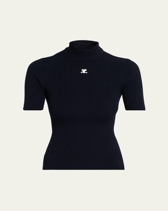 Courr&egrave;ges Mock-Neck Short-Sleeve Rib Pullover
