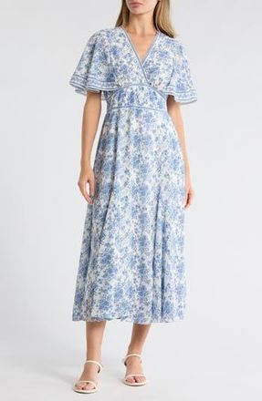 Max Studio Flutter Sleeve Empire Waist Maxi Dress in Cream/Denim Rosette Toile at Nordstrom Rack, Size X-Small