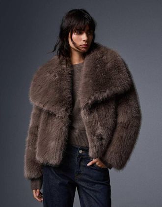Bershka giacca pelosa con rever marrone-Neutro