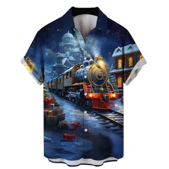 Generic Mens Christmas Tree Snow Print Short Sleeve Shirt Stylish Shirts Men (Blue, XL)