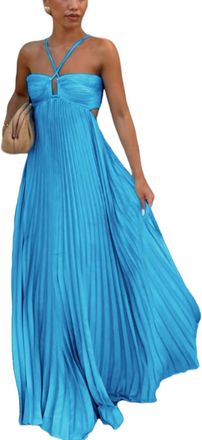 Generic Womens Backless Sexy Deep V Neck Long Sundress Elegant A-Line High Waist Spaghetti Strap Dress Bohemian Style (Lake Blue,M)