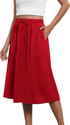 Generic Midi Skirt with Pockets | Midi Skirts for Women UK Elasticated Waist A Line Solid Color-Ladies Skirts Elasticated Waist Cotton Beach Swing Skirts Knee