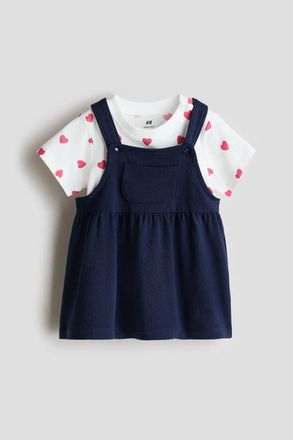 H&M 2-piece Dungaree Dress And Top Set in Navy Blue/hearts at Nordstrom, Size Newborn