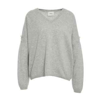 MVM Cashmere Knitwear, female, Gray, Size: S Cashmere V-Neck Sweater with Pearl Details
