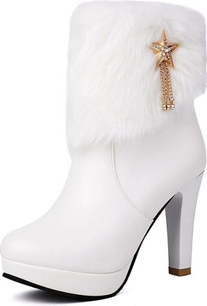 Generic Womens High Heeled Platform Boots Round Toe Short Boot with Side Zipper PU Leather Winter Ankle Boots with Metal Star,White,4.5 UK