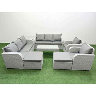 Fimous Pe Rattan High Back Lounge Sofa Set Patio Oblong Coffee Table & Chairs Set with 3 Seater Sofa Reclining Chair 2 Big Footstool Side Table Light Grey