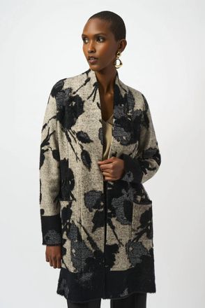 Joseph Ribkoff Jacquard Floral Knit Cardigan In Champagne/black