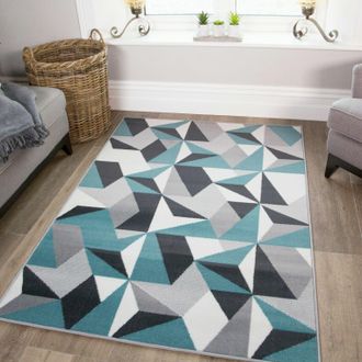 Kukoon Teal Blue Grey Diamond Geometric Living Area Rug | Size: 240 cm x 330 cm