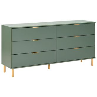 Beliani C&oacute;moda 6 Cajones Elegante Madera De Ingenier&iacute;a Tiradores Dorados Patas De Madera Maciza Sala De Estar Verde Walpole