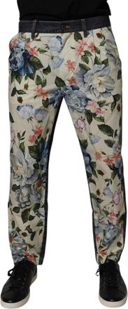Dolce & Gabbana Beige Blue Floral Cotton Men Denim Jeans Clothing