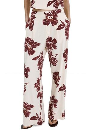 Mango Pleated Print Straight Leg Pants in Ecru at Nordstrom, Size 10