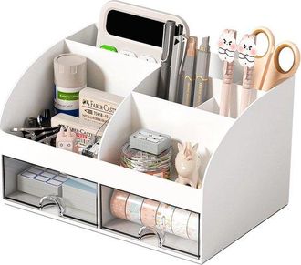 OEM Organizador De Escritorio Con 6 Compartimentos Y 2 Cajones, Organizador De Maquillaje De Pl&aacute;stico, El Hogar Y La Oficina (blanco)