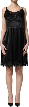 Dolce & Gabbana Mini-jurk van zijdemix-satijn met kanten rand - Dames - Korte kleedjes - Zwart - 2XS - Satijn - Kleedjes