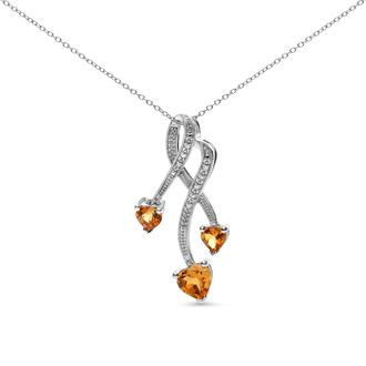 House of Brilliance 925 Sterling Silver 3-Stone Heart Shape Citrine and Diamond Accent Spiral Drop 18 Pendant Necklace