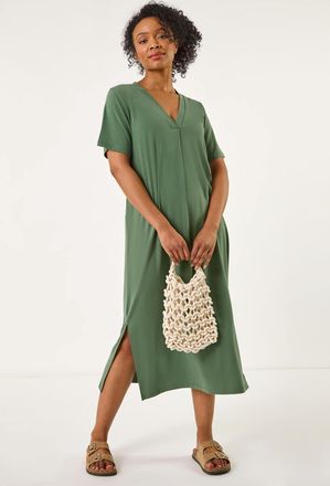 Roman V-Neck Stretch Midi Dress
