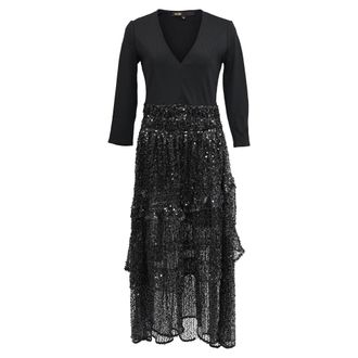 Maje V-Neck Sequined Midi Tiered Dress in Black Polyamide