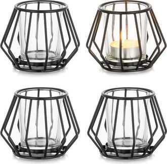 No Brand Juego De 4 Portavelas De Metal Negro Geom&eacute;tricos Para Velas Peque&ntilde;as, Ideales Para Decoraci&oacute;n De Mesas De Cumplea&ntilde;os En Salas De Estar Y Comedores De 