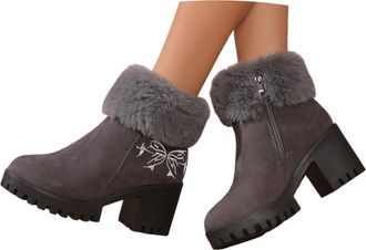 Generic Women Ankle Boots 2026 Womens Bowknot Furry Christmas Chunky Heel (Grey, 6.5)