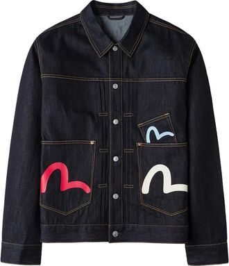 Evisu Jassen, Heren, Blauw, XL, Denim, Seagull Print Multi-Pocket Relax Fit Denim Jacket