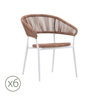 Kerama Pack de 6 sillas de jardin de aluminio blanco y cuerda marr&oacute;n