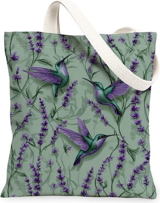 Generic Vintage Floral Hummingbird Canvas Tote Bags, Nature Inspired Lightweight Washable Reusable Grocery Bags for Spring Outdoor, Green, 13x15 Inch