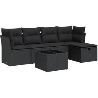 vidaXL Set De Sof&aacute;s De Jard&iacute;n 6 Piezas Y Cojines Rat&aacute;n Sint&eacute;tico Negro