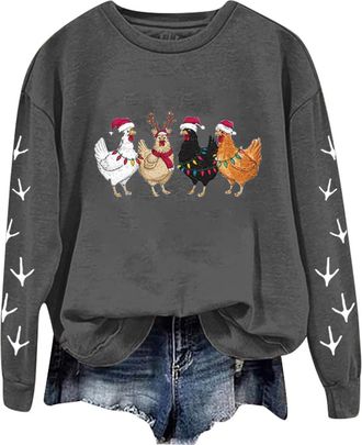 Generic Womens Christmas Chicken Print Sweatshirt Long Sleeve Crewneck Oversized Pullover Top Funny Festive Holiday Jumper Lightweight Casual Loose Fit O Neck