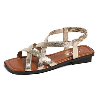 Generic Womens Fashion Square Open Toe Flat Sandals Slip On Comfort Lightweight Casual Summer Roman Beach Shoes (7.5,Gold)