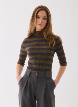 Majestic Filatures Merino Superfine Rib Knit Stripe Turtleneck in Camel/anthracite Chine at Nordstrom, Size 1