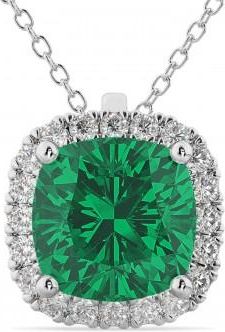 Allurez Halo Lab Emerald Cushion Cut Pendant Necklace 14k White Gold (2.02ct)