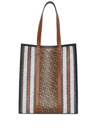 Burberry Monogram-Stripe E-canvas Portrait tote bag - unisex - Cotton/Cotton/Calf Leather/Thermoplastic Polyurethane (TPU) - One Size - Brown