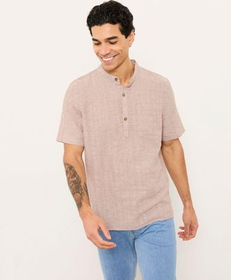 Fat Face FatFace Bugle Dark Natural Bold Stripe Short Sleeve Grandad Popover Shirt